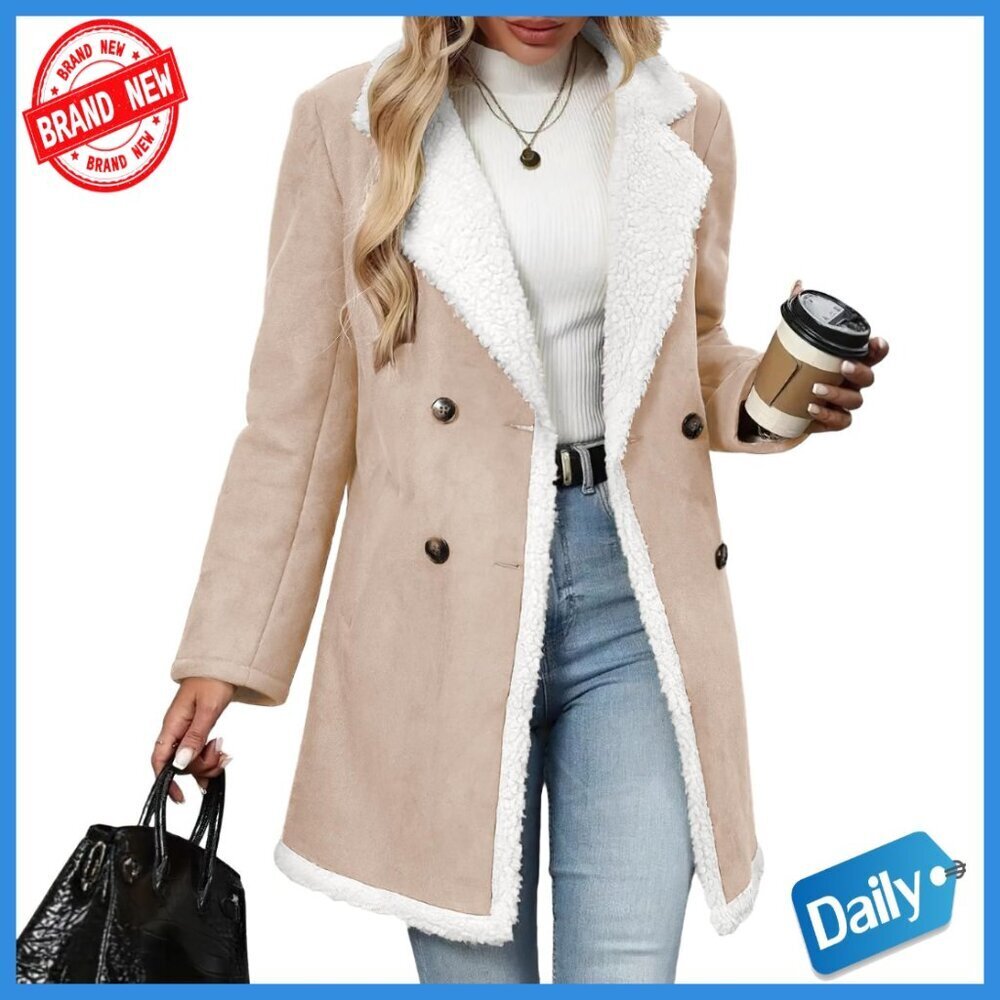 Women's Faux Suede Sherpa Lined Peacoat Winter Coat Notch Lapel Double Breasted